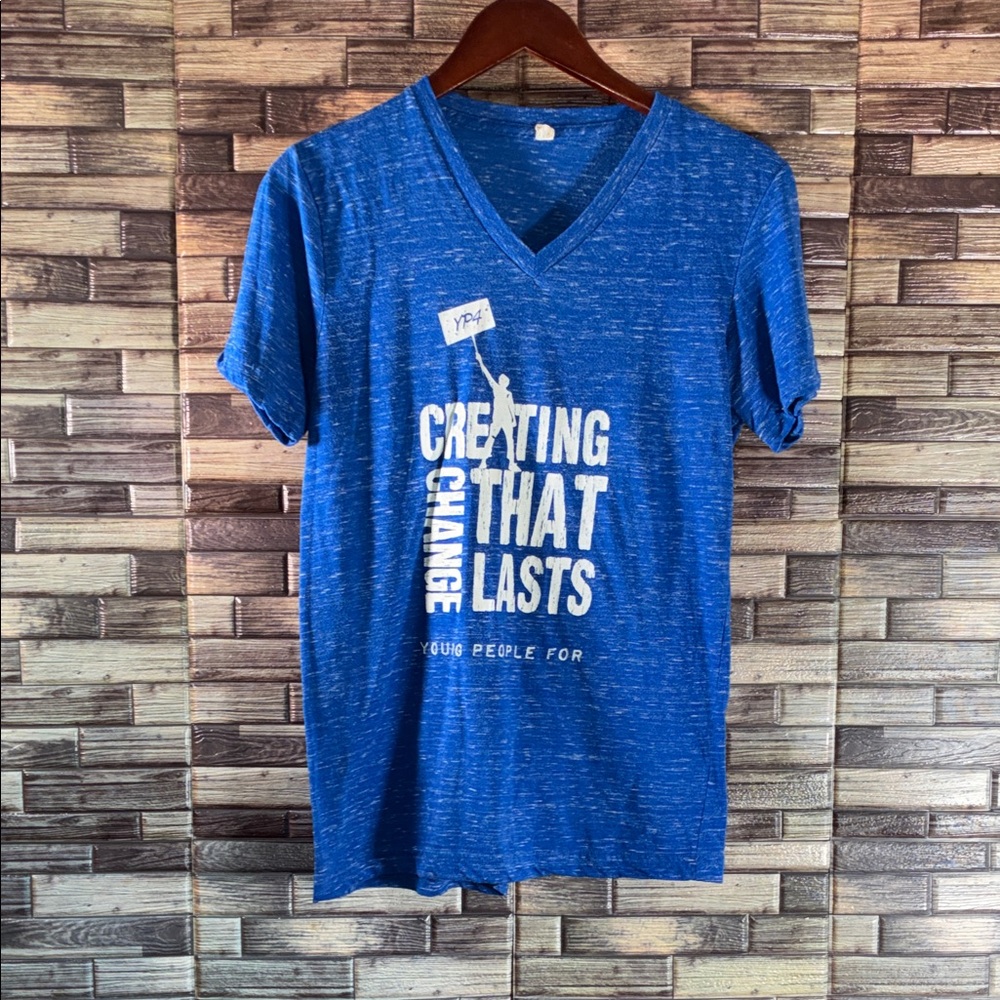 Medium Bella Canvas Blue Graphic V-Neck T-Shirt “Creating Change That Last”